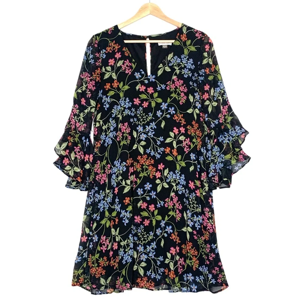 Calvin Klein Women's 3/4 Sleeve Floral Printed Chiffon Dress Size 8